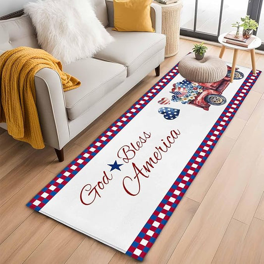 Red Truck USA Flag Stars Runner Rug 2'x6', God Bless America Hallway Runner Rugs Washable Non-Slip Bedside Floor Mats Carpet for Kitchen Bedroom Laundry Room Bathroom