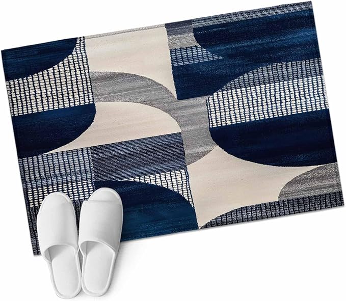 Modernism Entryway Rug 2'x3', Blue White Geometric Abstract Design Small Area Rug Non-Slip Front Door Mat Washable Floor Carpet for Indoor Entrance Kitchen Bathroom