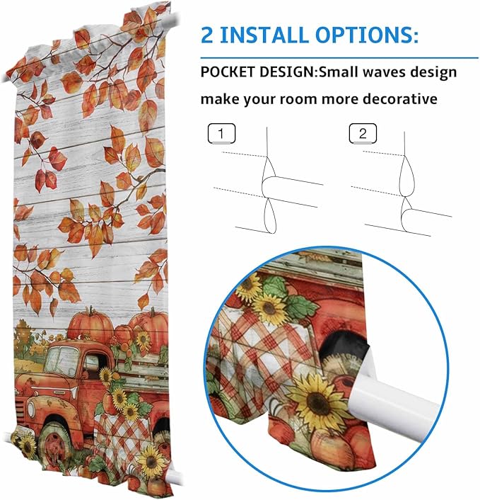 French Door Curtain Panel for Front Door, Fall Sunflower Pumpkins Retro Wood Countryside Slidelight Door Curtains with Tieback Light Filtering Privacy Panels for Doorway Entryway 25"x 40"