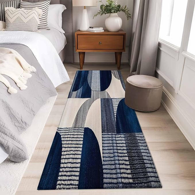 Modernism Runner Rug 2'x6', Blue White Geometric Abstract Design Hallway Runner Rugs Washable Non-Slip Bedside Floor Mats Carpet for Kitchen Bedroom Laundry Room Bathroom
