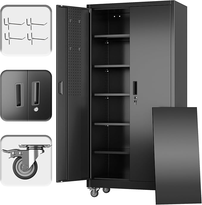 Reemoon Garage Storage Cabinet with Wheels, Metal Storage Cabinet with 5 Adjustable Shelves and Pegboard for Garage Home Utility Room,Required Assembly,Black，71" H×34" W×18" D