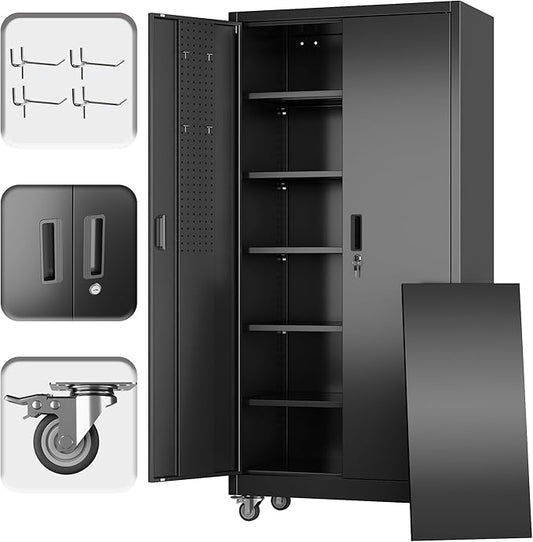 Reemoon Garage Storage Cabinet with Wheels, Metal Storage Cabinet with 5 Adjustable Shelves and Pegboard for Garage Home Utility Room,Required Assembly,Black，71" H×34" W×18" D