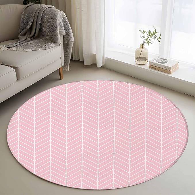 Pink Herringbone Stripes Round Rug 4 Ft, Modern Abstract Geometric Pink Simple Lines Circle Area Rugs Washable Non Slip Indoor Floor Mats Carpet for Living Room Bedroom Dining Room Home Decor