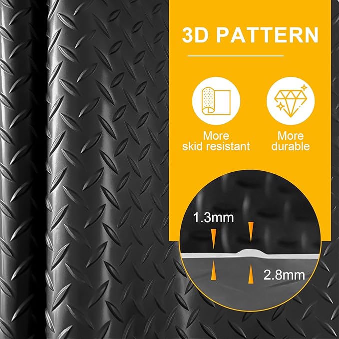 7.5x20 FT Garage Floor Mat, 2.8mm Thickened Flooring Roll Under Car Mat with 20Pcs Tapes, Diamond Plate, Non-Slip Floor Protector Mat for Trailer, Garage, Warehouse, Gyms, Trailer, Black
