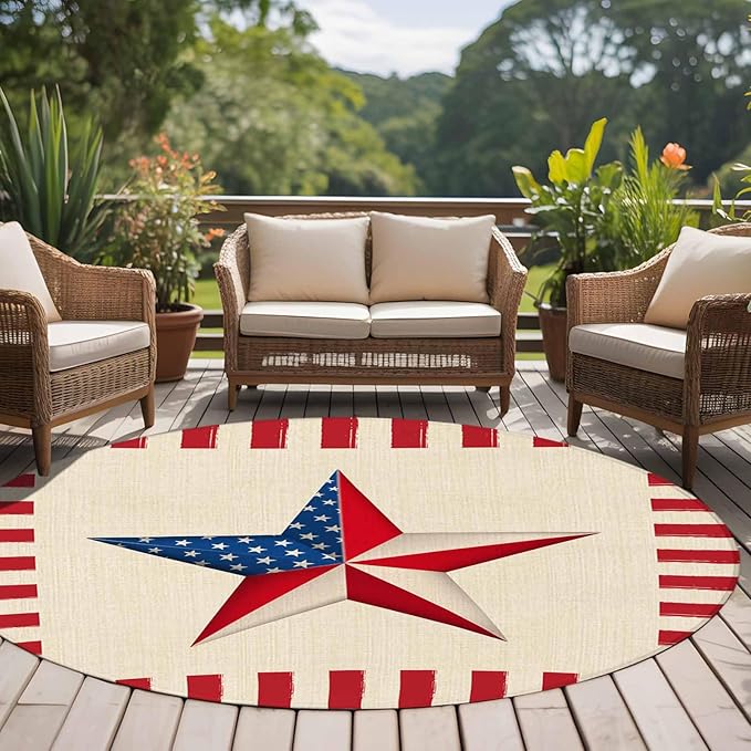 Farmhouse American Flag Pentagram Round Rug 5 Ft, Circle Area Rugs Washable Non Slip Indoor Floor Mats Carpet for Living Room Bedroom Dining Room Home Decor