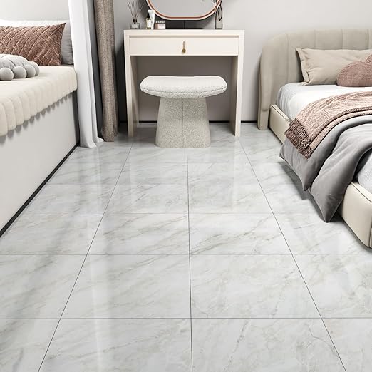 Wallercity Shiny Gray/White Marble Peel and Stick Floor Tile 12" x 12" Kitchen Bathroom Waterproof Vinyl Flooring Tiles Stick on Floor Tiles for Bedrooms Basement Linoleum Flooring Sheet Panels 6PCS