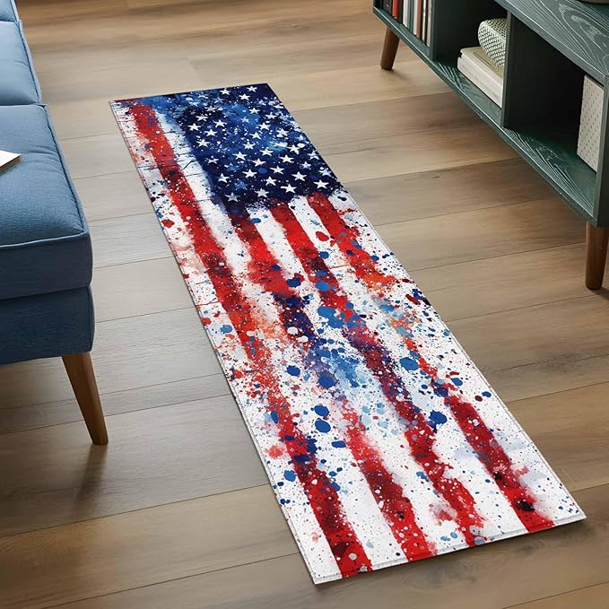 Mottled Red Blue White Stars Painted Flag Runner Rug 2'x6', Hallway Runner Rugs Washable Non-Slip Bedside Floor Mats Carpet for Kitchen Bedroom Laundry Room Bathroom