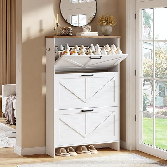Nicetree Shaker Barn Door Shoe Cabinet, 3 Flip Drawers & 3Tier Adjustable Shelves, Ultra Slim Freestanding, Modern Rustic Brushed White Farmhouse Shoe Rack for Entryway, Hallway, Foyer & Mudroom White