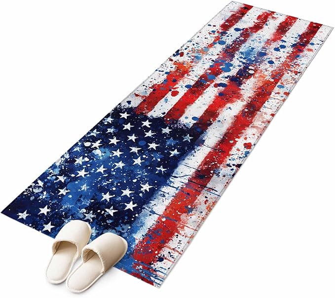 Mottled Red Blue White Stars Painted Flag Runner Rug 2'x6', Hallway Runner Rugs Washable Non-Slip Bedside Floor Mats Carpet for Kitchen Bedroom Laundry Room Bathroom
