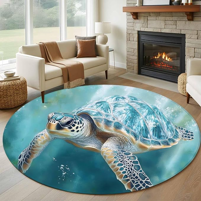Marine Animal Round Rug 6 Ft, Ocean Turtle Modern Art Abstract Style Circle Area Rugs Washable Non Slip Indoor Floor Mats Carpet for Living Room Bedroom Dining Room Home Decor