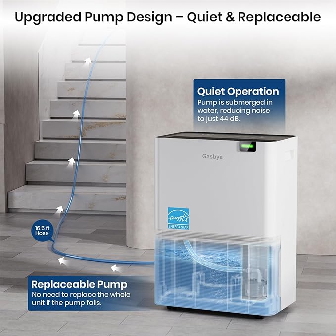 Gasbye Energy Star 2026 Dehumidifier with [𝗥𝗲𝗽𝗹𝗮𝗰𝗲𝗮𝗯𝗹𝗲 Pump] for Basement – [44dB Quiet, Easy to Clean & Clog-Free], Max 75 Pints/Day, 16.5ft Drain Hose, Auto Shut-Off, Auto-restart, White