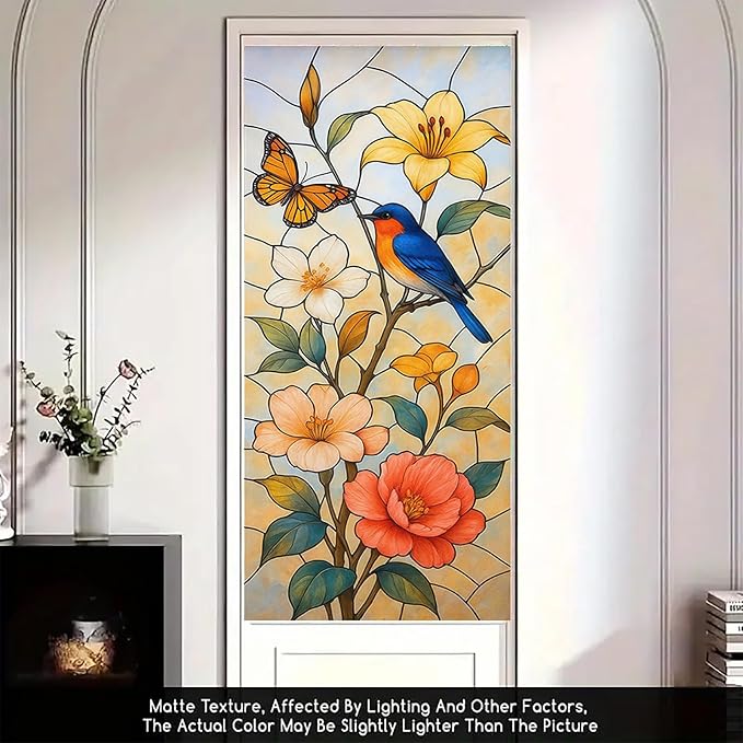 Bird Flower Butterfly Privacy Film Stained Glass Style Static Cling No Glue Decorative Panel Light Filtering Cover for Kitchen Door Balcony 17.7x39.3 inch