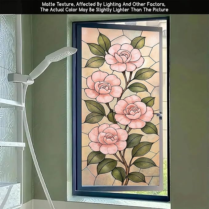 Pink Camellia Privacy Film Stained Glass Style Static Cling No Glue Decorative Panel Light Filtering Cover for Bedroom Door Vanity Entryway 17.7x39.3 inch