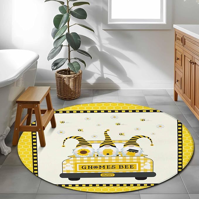Honey Gnomes Small Round Rug 3 Ft, Bees Hive Sunflower Truck Area Rugs Washable Non Slip Indoor Floor Mats Circle Carpet for Living Room Bedroom Dining Room Home Decor