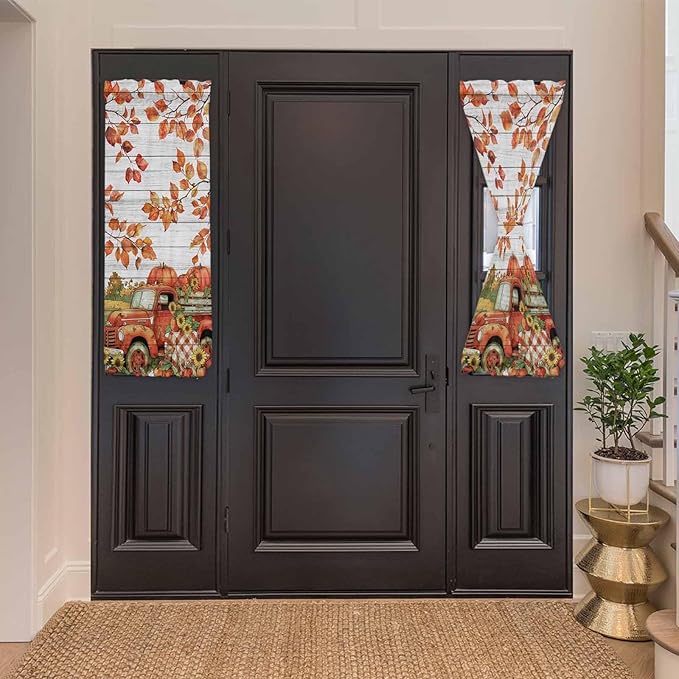 French Door Curtain Panel for Front Door, Fall Sunflower Pumpkins Retro Wood Countryside Slidelight Door Curtains with Tieback Light Filtering Privacy Panels for Doorway Entryway 25"x 40"