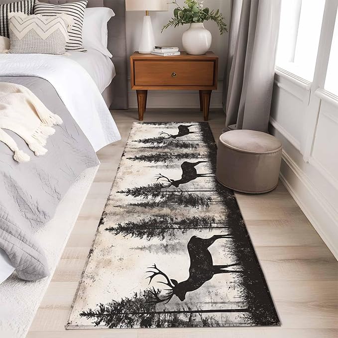 Elk Runner Rug 2'x6', Deer Silhouette Hallway Runner Rugs Washable Non-Slip Bedside Floor Mats Carpet for Kitchen Bedroom Laundry Room Bathroom