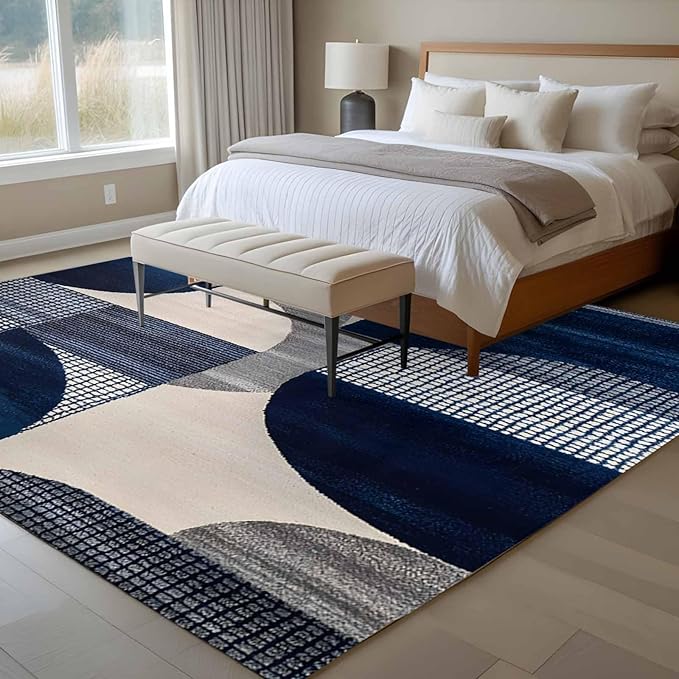 Modernism 9'x12' Large Area Rugs, Blue White Geometric Abstract Design Washable Area Rugs Non-Slip Indoor Floor Mats Large Carpet for Living Room Bedroom Dining Room