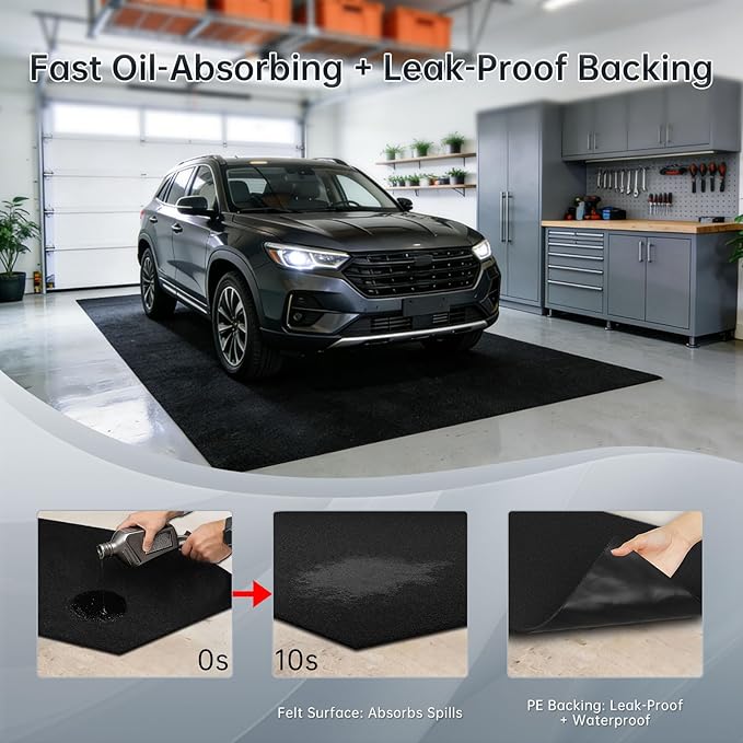 8'10" x 22' Extra Large Garage Floor Mat (Fits Full-Size Trucks) – Oil Absorbent Felt Top with Waterproof PE Backing, Non-Slip Heavy Duty Mat for SUV & RV & Workshop – Trimmable, Leak-Proof