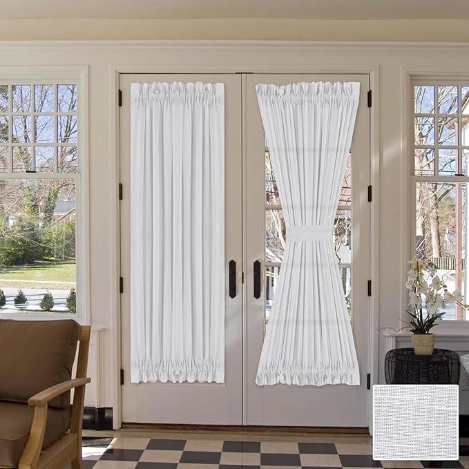H.VERSAILTEX Linen French Door Curtain Panels 72 Inches Long, Pure White Flax Linen Window Draperies for Front Sliding Glass Door Tiebacks for Glass Door Patio Door Windows, Rod Pocket 1 Panel