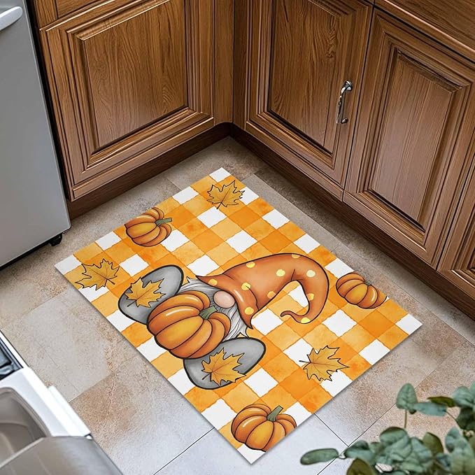 Welcome Door Mat 20x31.5in,Fall Dwarf Pumpkin Maple Leaves Indoor Entryway Doormats Non-Slip Bath Rug Absorbent Front Door Mat,Thanksgiving Orange Stripe Floor Carpet for Bedroom Bathroom