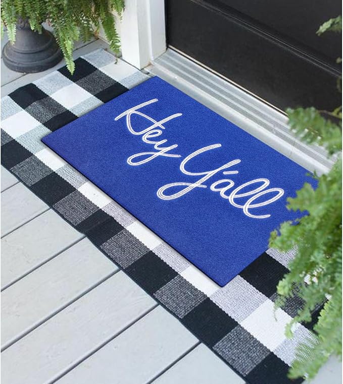 Mat Low Profile Floor Mat Front Doormat, Blue Hey Y'all Indoor Outdoor Heavy Duty Backing Door Mats Non Slip Absorbent Resist Dirt Entrance Doormats for Home Decor Entryway Patio 28" x 18"