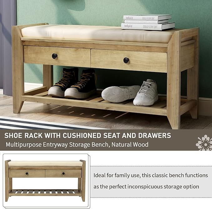 Knocbel Entry Storage Bench Shoes Rack with Cushioned Seat, 2 Drawers & Slatted Shelf, Living Room Entryway Hallway Foyer Shoe Bench Bedroom End of Bed Bench (Gray Wash)