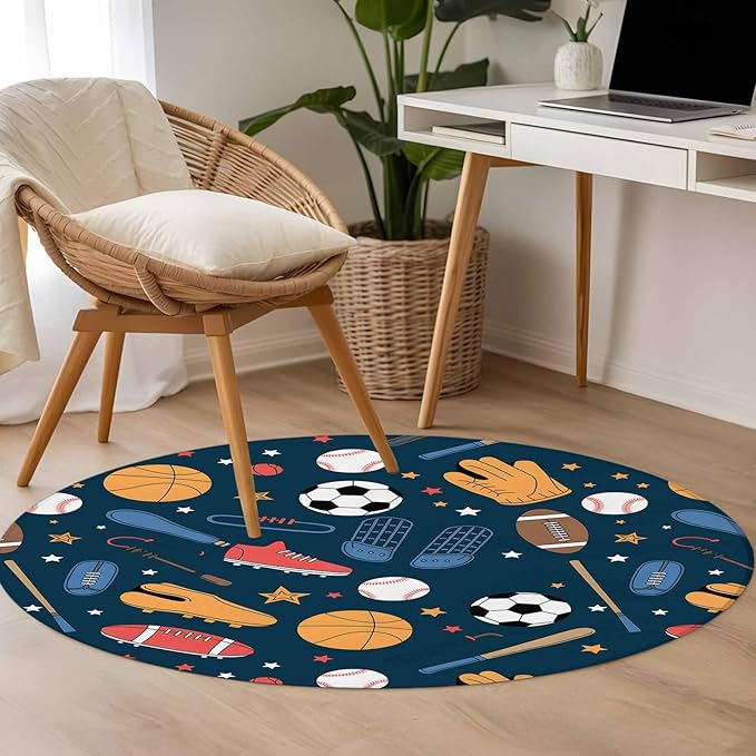 Cartoon Sports Small Round Rug 3 Ft, Baseball Soccer Basketball Rugby Sneakers Area Rugs Washable Non Slip Indoor Floor Mats Circle Carpet for Living Room Bedroom Dining Room Home Decor