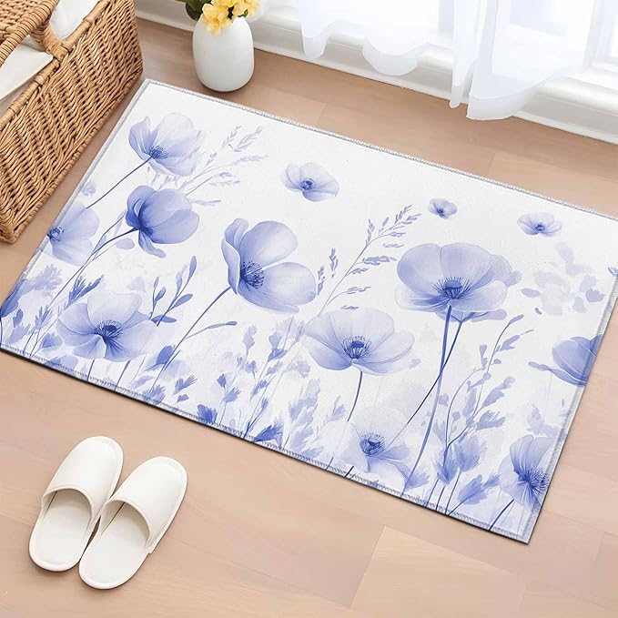 Flower Entryway Rug 2'x3', Blue Small Area Rug Non-Slip Front Door Mat Washable Floor Carpet for Indoor Entrance Kitchen Bathroom