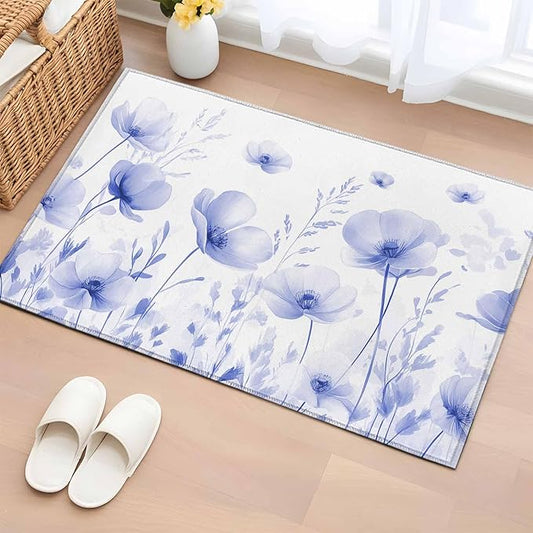 Flower Entryway Rug 2'x3', Blue Small Area Rug Non-Slip Front Door Mat Washable Floor Carpet for Indoor Entrance Kitchen Bathroom