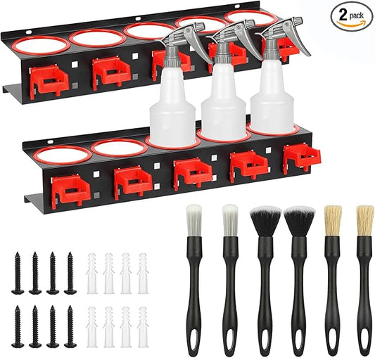 2 Set Spray Bottle Storage Rack,Wall Mount Spray Can Holder Garage Bottle Organizer, Hanging Rail Car Beauty Shop Accessory Display Auto Cleaning Detailing Tools Hanger with Car Cleaning Brush Kits