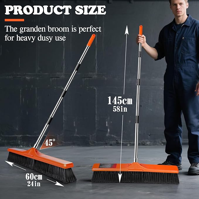 MASTERTOP 24" Push Broom Outdoor, Heavy Duty Garden Brush Broom with 58" Long Handle and Stiff Bristles,Commercial Outdoor Broom for Deck Driveway Garage Yard Patio Warehouse Concrete Floor Cleaning
