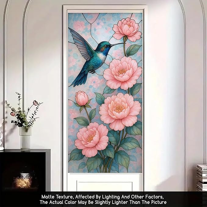 Peony Bird Privacy Film Floral Glass Panel Static Cling No Glue Decorative Cover Light Filtering for Bedroom Door Vanity Room Entryway 17.7x39.3 inch
