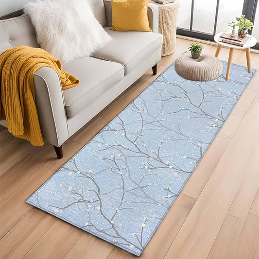 Blue Tree Branch Runner Rug 2'x6', Retro Classic Art Blue Tree Branches Flower Hallway Runner Rugs Washable Non-Slip Bedside Floor Mats Carpet for Kitchen Bedroom Laundry Room Bathroom