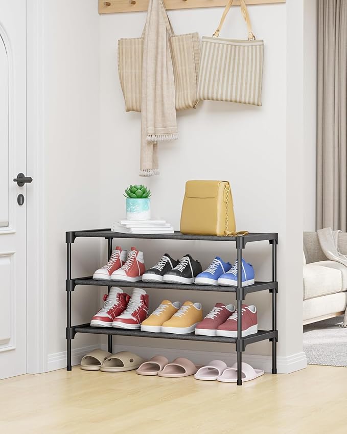 3-Tier Stackable Shoe Rack Organizer with Handle & Cleaning Brush, Adjustable Metal Shoe Shelf for Closet, Entryway, Bedroom & Hallway, No Tool Assembly, Durable Black Metal.