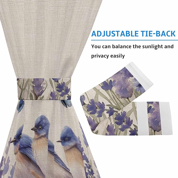 French Door Curtain Panel for Front Door, Blue Purple Bird Flower Floral Butterfly Vintage Slidelight Door Curtains with Tieback Light Filtering Privacy Panels for Doorway Entryway 25"x 40"