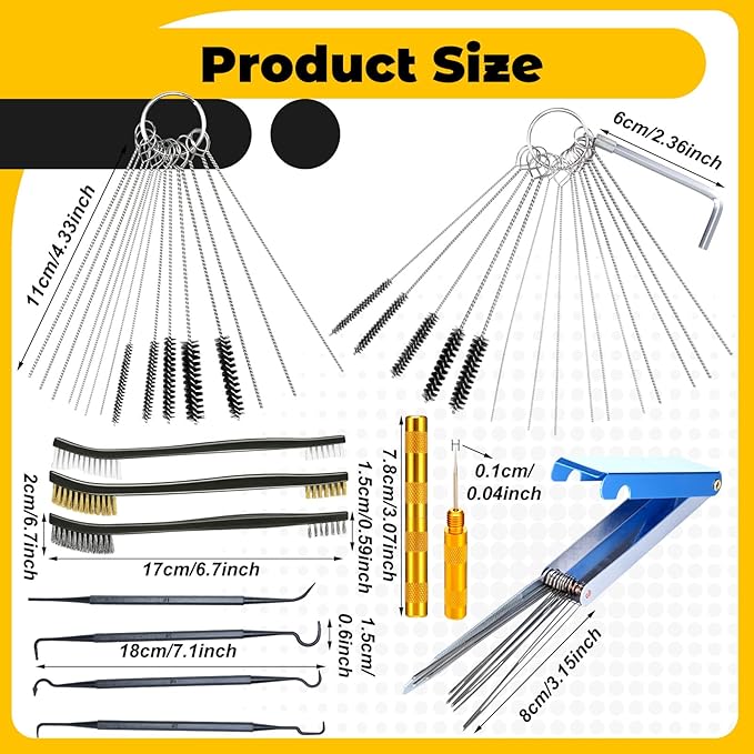 Carburetor Cleaner Kit Torch Tip Cleaner Set, Includes 3 Double Headed Brush 30 Needles 15 Nylon Brushes 1 Hexagonal Wrench 1 Scraper and 4 Cleaning Hooks 2 Aluminum Case for Motorcycle ATV