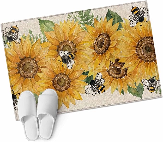 Watercolor Sunflower Cartoon Farmhouse Bee Linen Texture Entryway Rug 2'x3', Small Area Rug Non-Slip Front Door Mat Washable Floor Carpet for Indoor Entrance Kitchen Bathroom