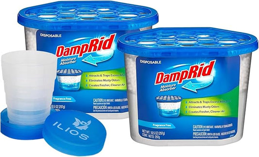 Damp Rid Moisture Absorber – Fragrance Free 2 Pack Humidity Absorber & Odor Remover for Home, Bathroom & Basement, 10.5 oz Disposable Buckets– Ilios Packaging