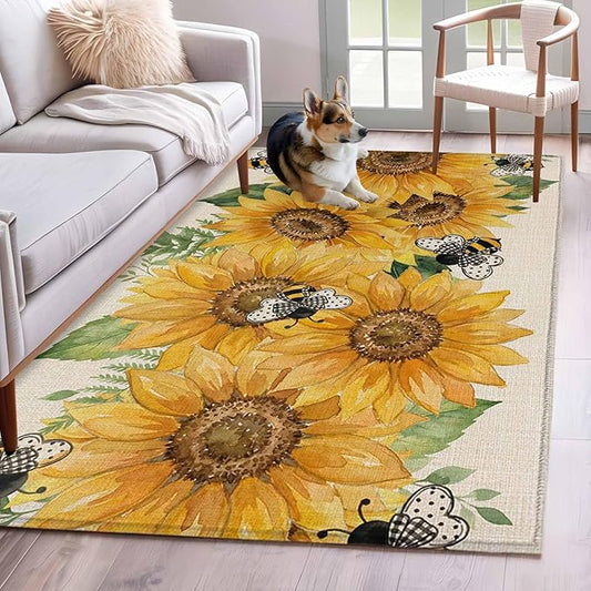 Watercolor Sunflower Cartoon Farmhouse Bee Linen Texture 3'x5' Area Rugs, Washable Area Rugs Non-Slip Indoor Floor Mats Carpet for Living Room Bedroom Dining Room