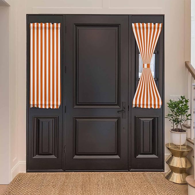French Door Curtain Panel for Front Door, Orange White Stripe Slidelight Door Curtains with Tieback Light Filtering Privacy Panels for Doorway Entryway 25"x 40"