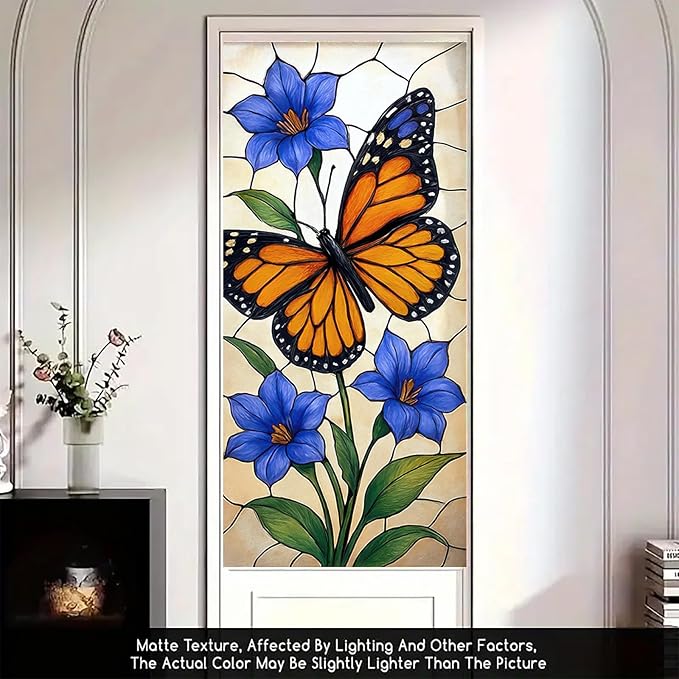 Butterfly Blue Flower Privacy Film Stained Glass Style Static Cling No Glue Decorative Panel Light Filtering for Door Window Kitchen 17.7x39.3 inch