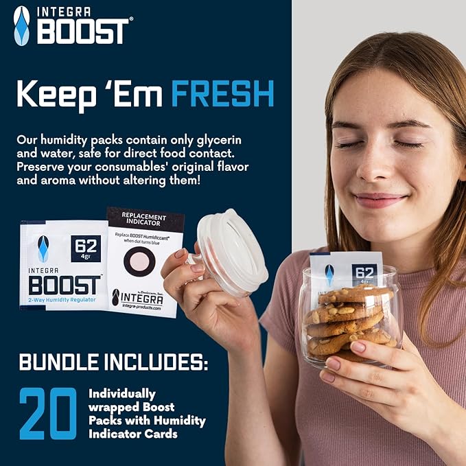 Integra Boost - 62% RH Level - 4 Gram Size - Two-Way Humidity Control Pack - Incl. Replacement Indicator Cards - Food Storage & Herbs Moisture Balancer For Up to 1/2 oz (Pack of 200)