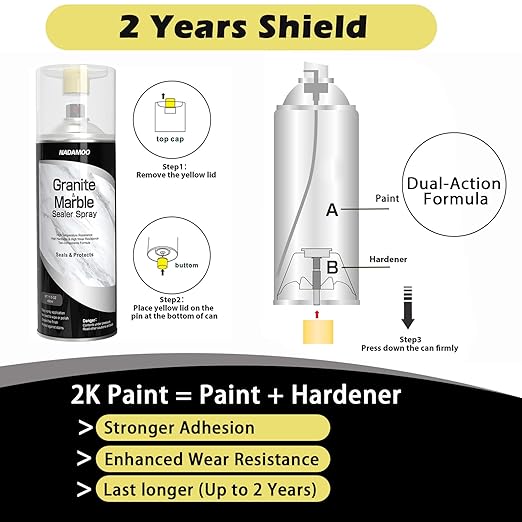 NADAMOO 2K Granite & Marble Sealer Spray, 2-Parts Formula Sealant with Stronger Adhesion and Enhanced Wear Resistance, Seal & Protect Kitchen & Bath Surfaces, Clear, 2 Cans