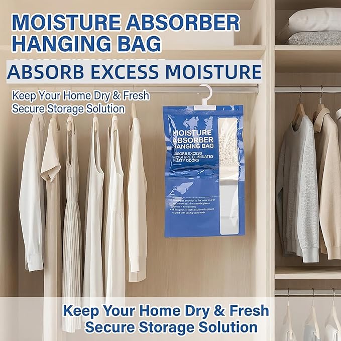 RAINFLOW Dehumidifier Bags Hanging Moisture Absorbers - 4 Packs Dehumidifiers for Home Closet Bathroom Basement, Hanging Bag Desiccant Packs for Bedroom RV Camper, Odor Absorber Household Essentials