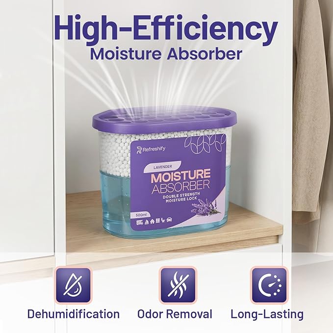 Premium Moisture Absorbers and Dehumidifier Tubs – High-Efficiency Closet Dehumidifier and Dehumidifier for Car, Odor Control Lavender, 12 Pack, 7.5 Oz