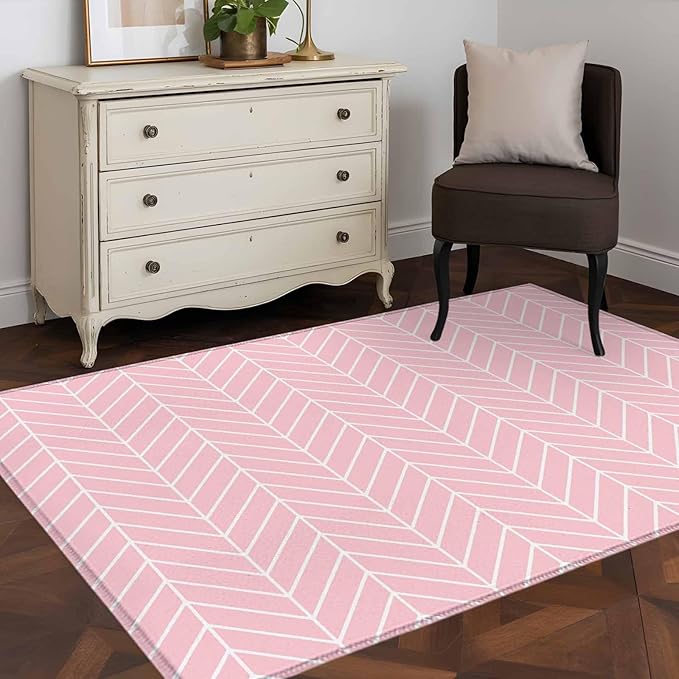 Pink Herringbone Stripes 3'x5' Area Rugs, Modern Abstract Geometric Pink Simple Lines Washable Area Rugs Non-Slip Indoor Floor Mats Carpet for Living Room Bedroom Dining Room