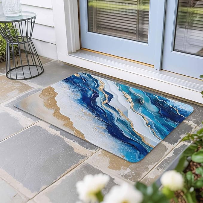 Abstract Spray Doormat Gold White Blue Ocean Oil Painting Style Non Slip Low Profile Rubber Door Mat Washable Absorbent Indoor Front Door Mat Entryway Rug Entrance Carpet 24x36 Inch