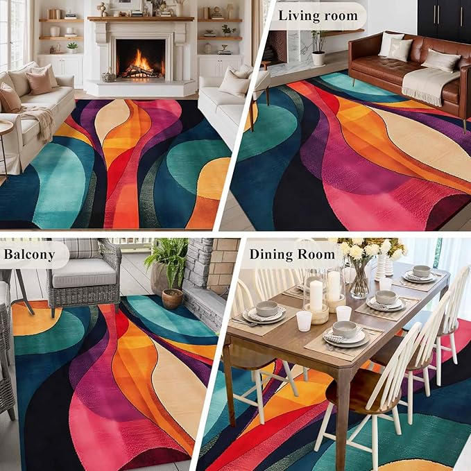 Minimalist Art 6'x9' Large Area Rugs, Abstract Yellow Blue Color Block Line Washable Area Rugs Non-Slip Indoor Floor Mats Large Carpet for Living Room Bedroom Dining Room