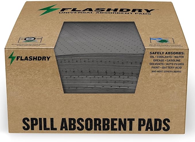 FLASHDRY Universal Spill Absorbent Pads, 300-Count Dispenser Box, 17.5" x 13.5", Absorbs Oil, Grease, Coolant & Solvents, for Garages, Warehouses, Factories & Industrial Facilities
