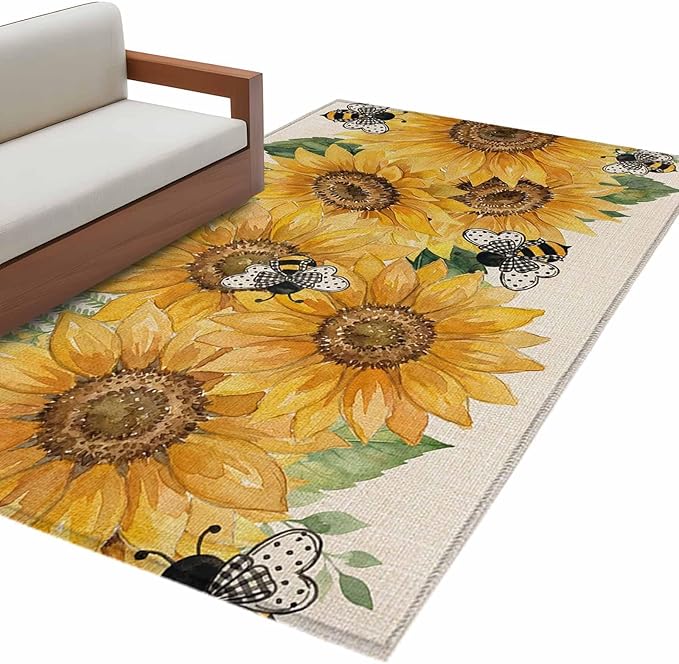 Watercolor Sunflower Cartoon Farmhouse Bee Linen Texture Area Rugs 2.7'x5', Washable Area Rugs Non-Slip Indoor Floor Mats Carpet for Living Room Bedroom Dining Room